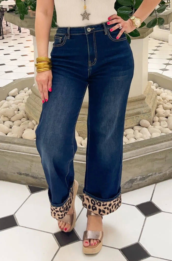 Bold Leopard Accent Hem Wide Leg Jeans