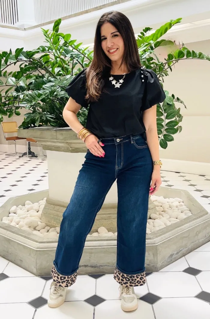 Bold Leopard Accent Hem Wide Leg Jeans