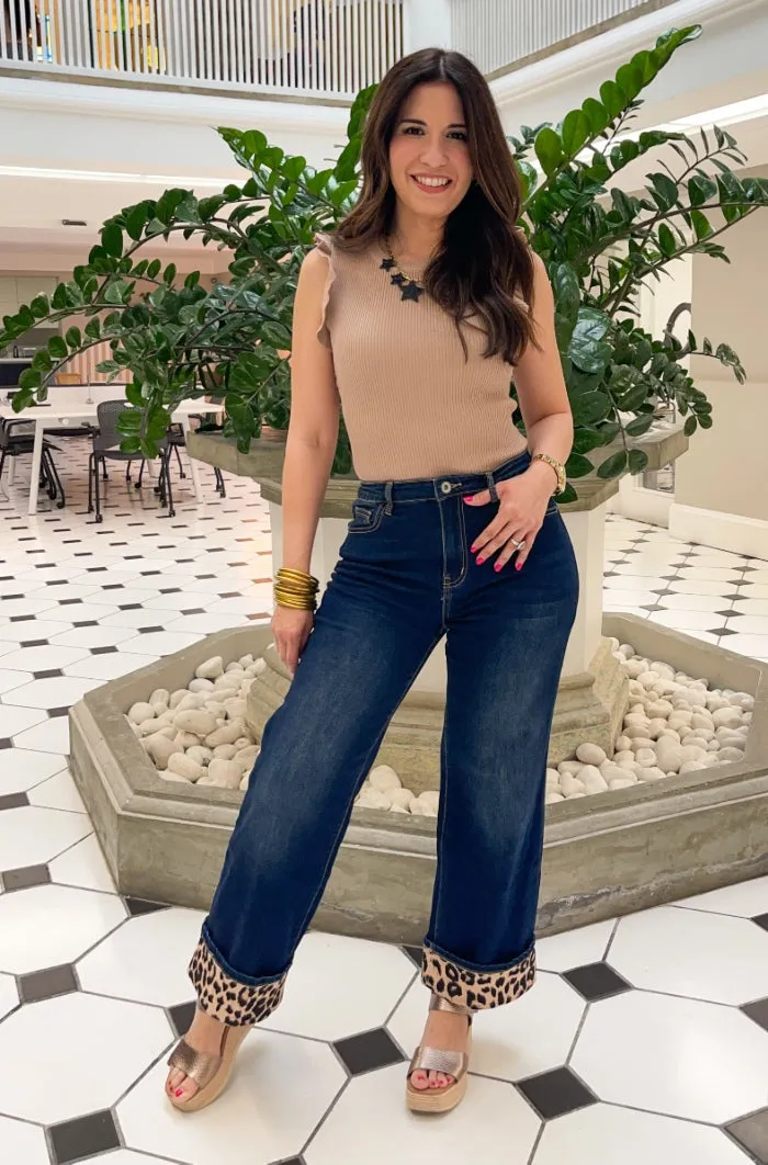 Bold Leopard Accent Hem Wide Leg Jeans