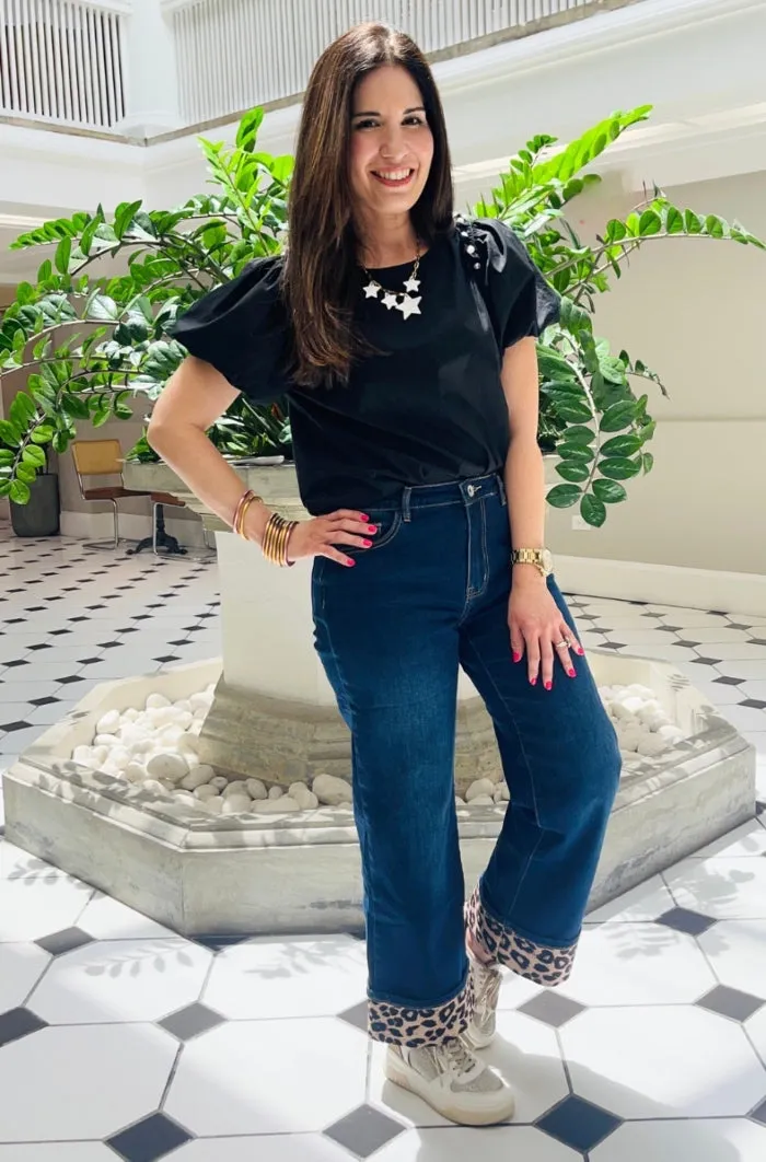 Bold Leopard Accent Hem Wide Leg Jeans