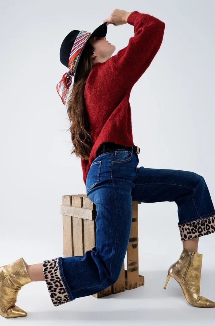 Bold Leopard Accent Hem Wide Leg Jeans