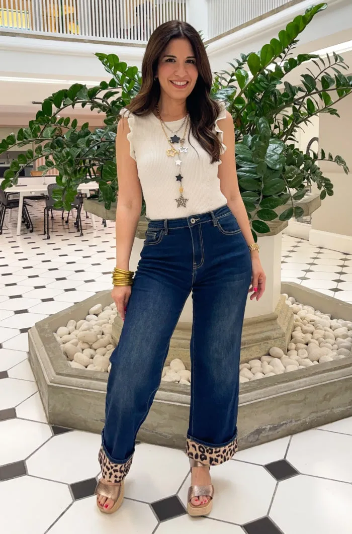 Bold Leopard Accent Hem Wide Leg Jeans