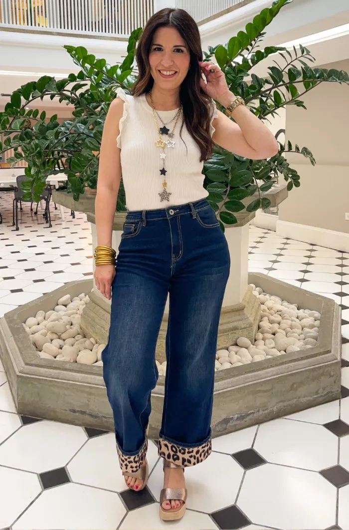 Bold Leopard Accent Hem Wide Leg Jeans