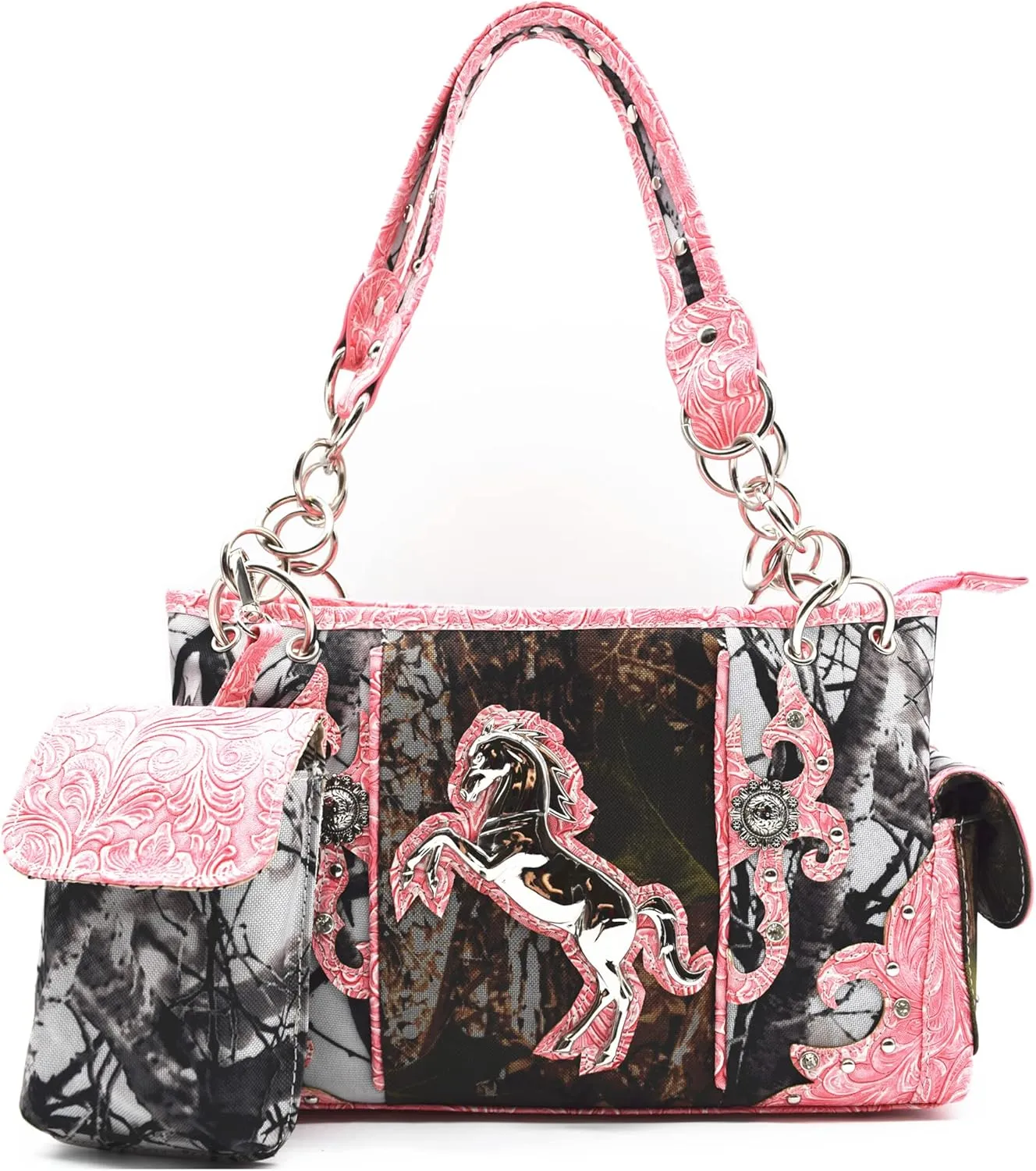 Camouflage Western Style Totes Studded Floral Handbag Tooled Leather Purse Country Women Shoulder Bag Zipper Wallet Set
