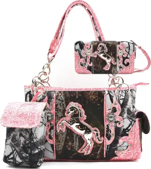 Camouflage Western Style Totes Studded Floral Handbag Tooled Leather Purse Country Women Shoulder Bag Zipper Wallet Set