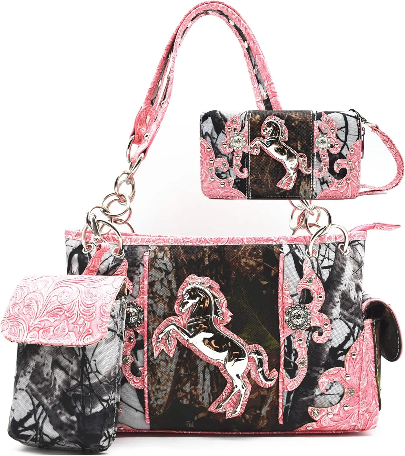 Camouflage Western Style Totes Studded Floral Handbag Tooled Leather Purse Country Women Shoulder Bag Zipper Wallet Set