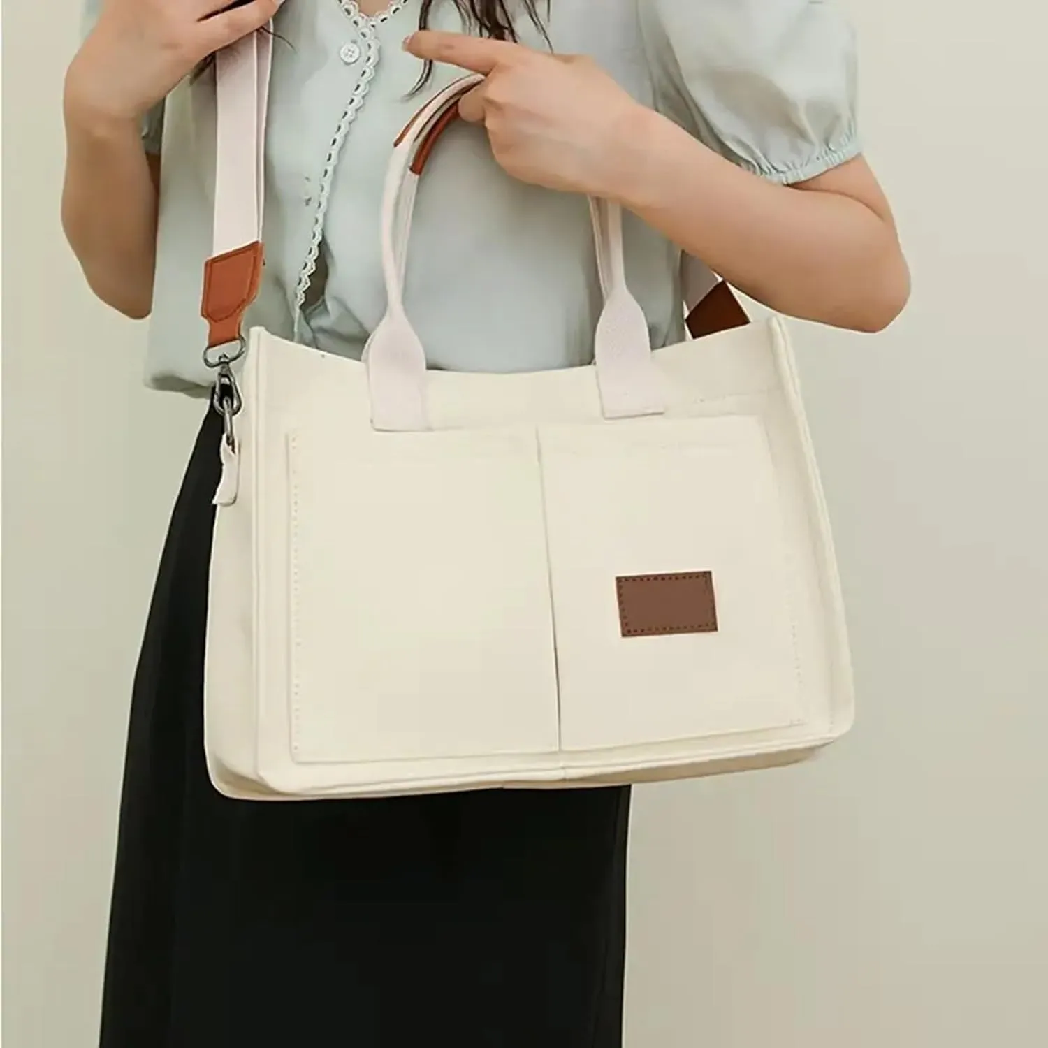 Canvas Bags For Women Solid Color Large Capacity Exterior Pockets Ladies Bag Leopard Print Tote Bags