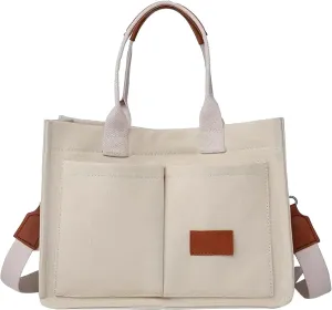 Canvas Bags For Women Solid Color Large Capacity Exterior Pockets Ladies Bag Leopard Print Tote Bags