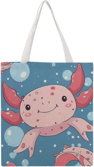Cartoon Axolotl Canvas Tote Bag Casual Handbags Grocery Shopping Purses Work Bag for Women