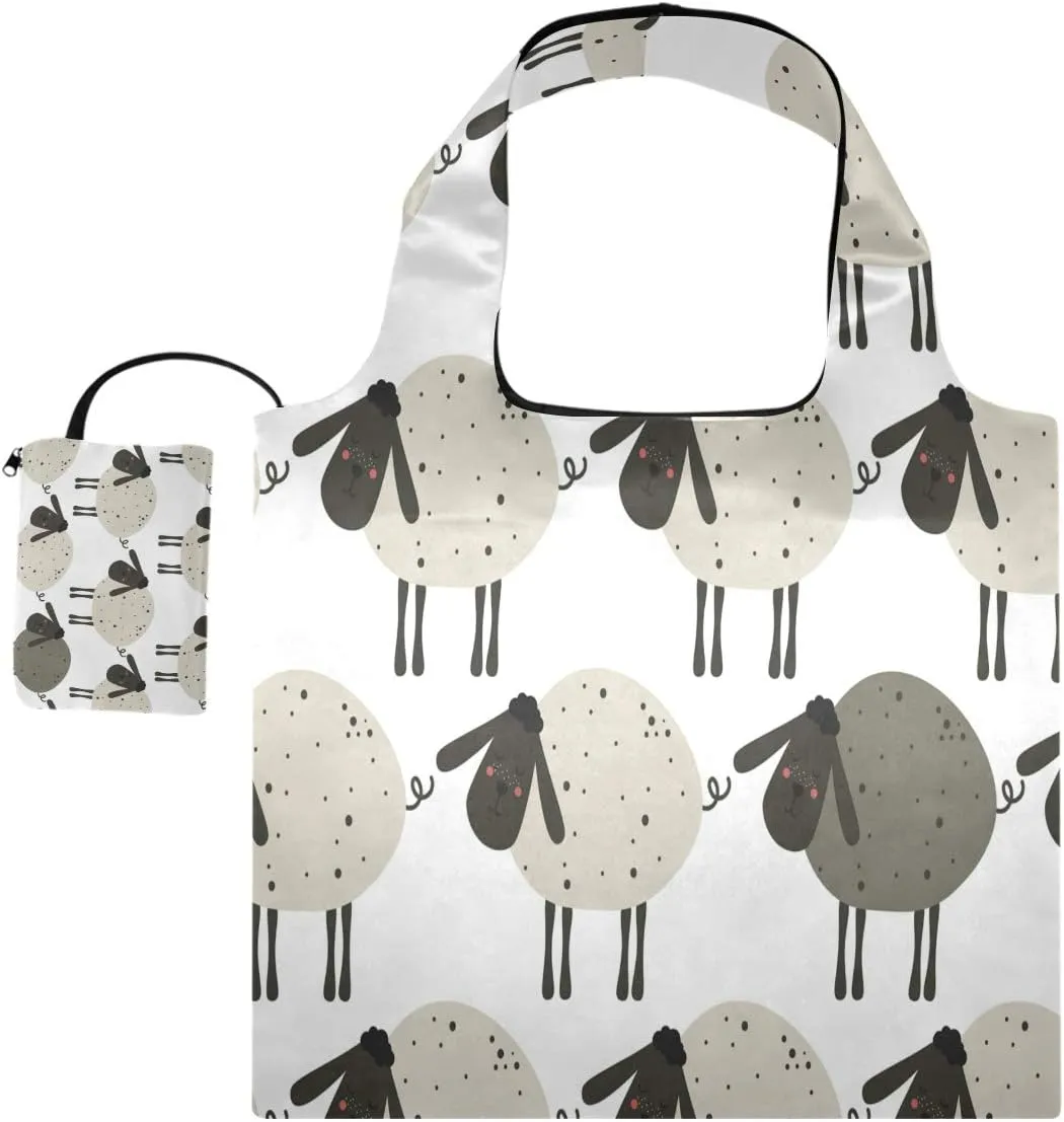 Cartoon Sheep Reusable Grocery Bags Foldable Shopping Bag Large Reusable Tote Groceries Bags with Pouch Bulk, Ripstop Fabric Washable Durable Lightweight