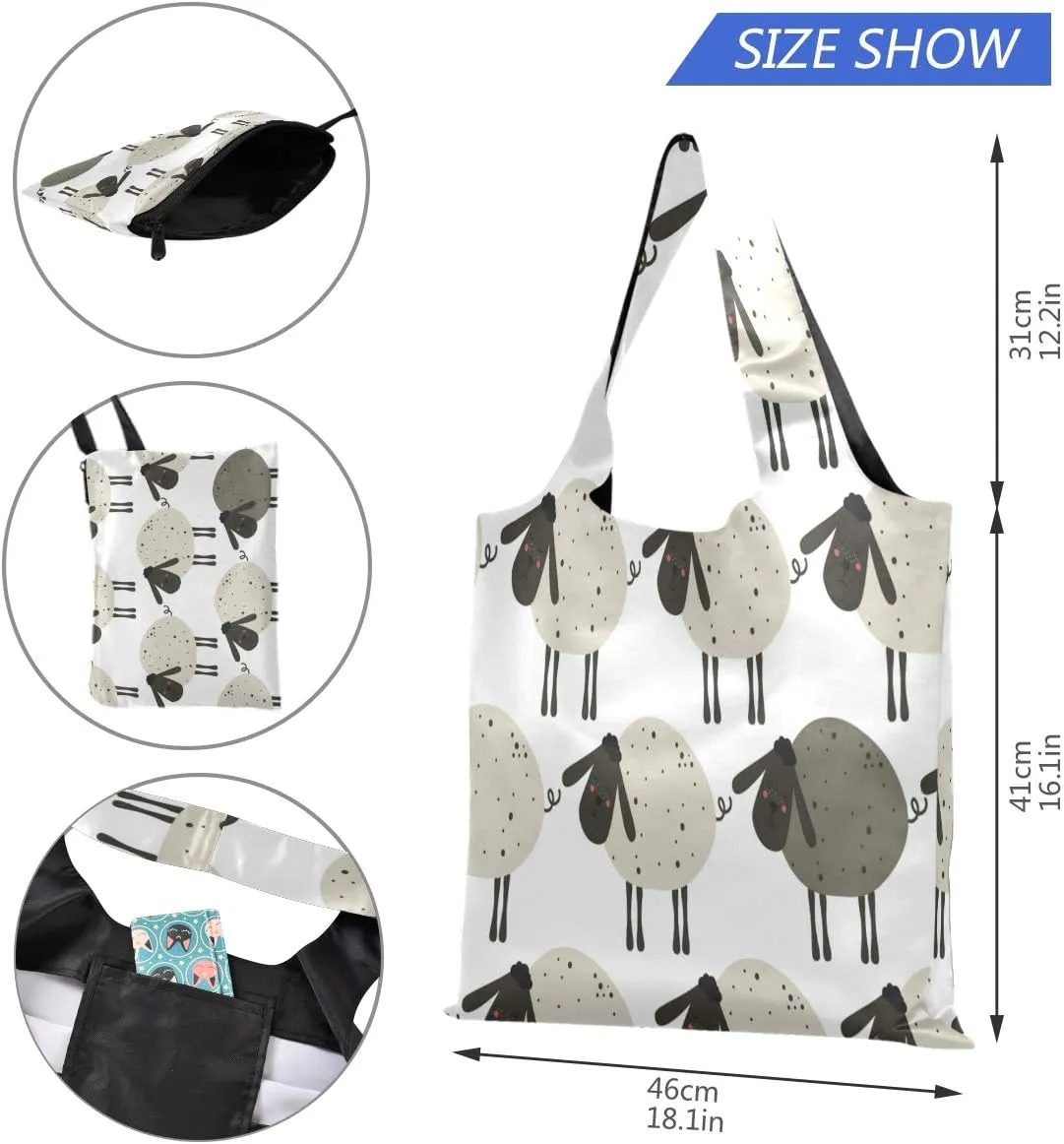 Cartoon Sheep Reusable Grocery Bags Foldable Shopping Bag Large Reusable Tote Groceries Bags with Pouch Bulk, Ripstop Fabric Washable Durable Lightweight