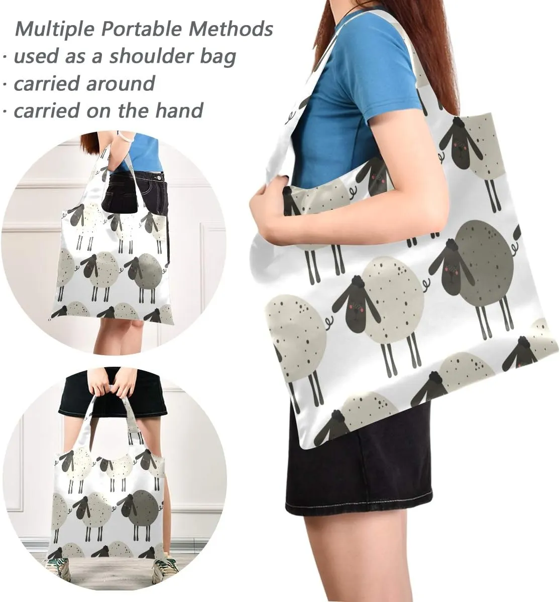 Cartoon Sheep Reusable Grocery Bags Foldable Shopping Bag Large Reusable Tote Groceries Bags with Pouch Bulk, Ripstop Fabric Washable Durable Lightweight