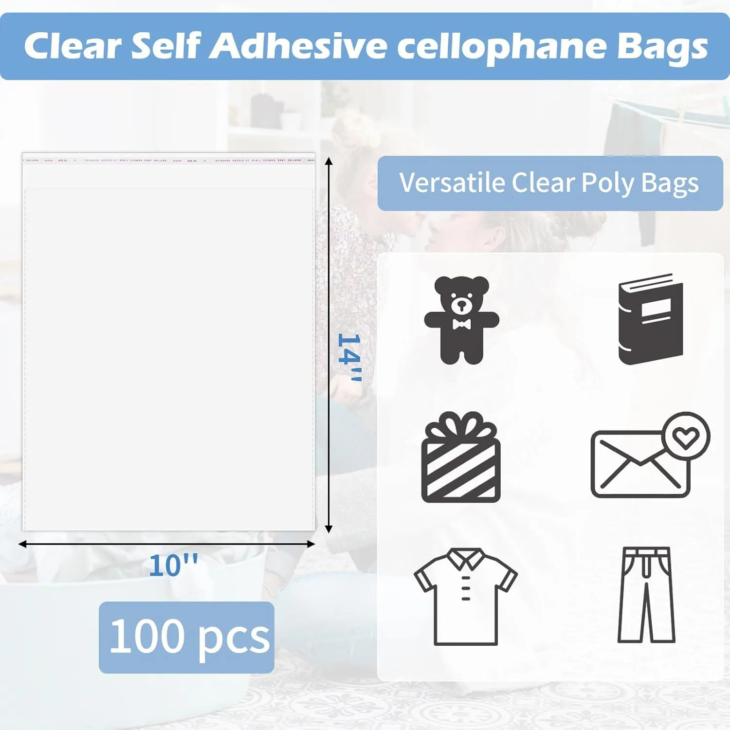 Cellophane Bags, 100 Pcs Resealable Clear Poly Bags for Clothes, Party Favors, Artwork & Decorative Wrappers(10x14)
