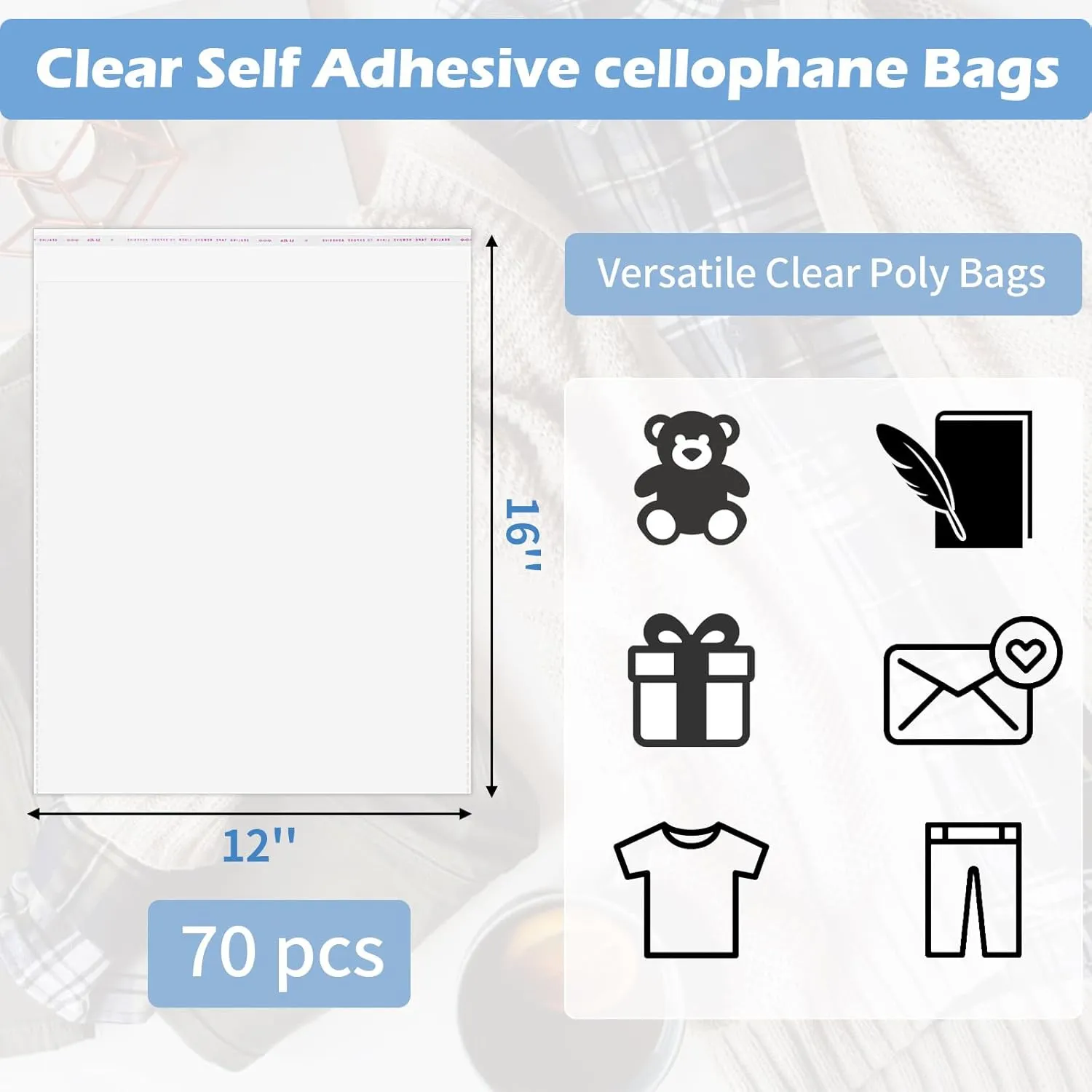 Cellophane Bags, 70 Pcs Resealable Clear Poly Bags for Clothes, Shirt Bag, Decorative Wrappers, Party Favors & Artwork(12x16)