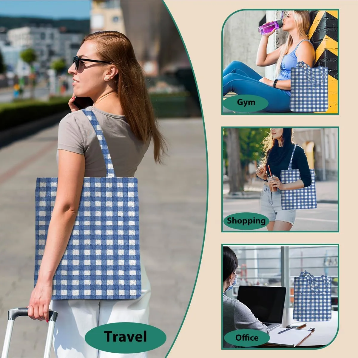 Checkered Tote Bag, Preppy Gingham Weekend Bag, Aesthetic Checked Reusable Grocery Bags for Shopping Gym Vacation