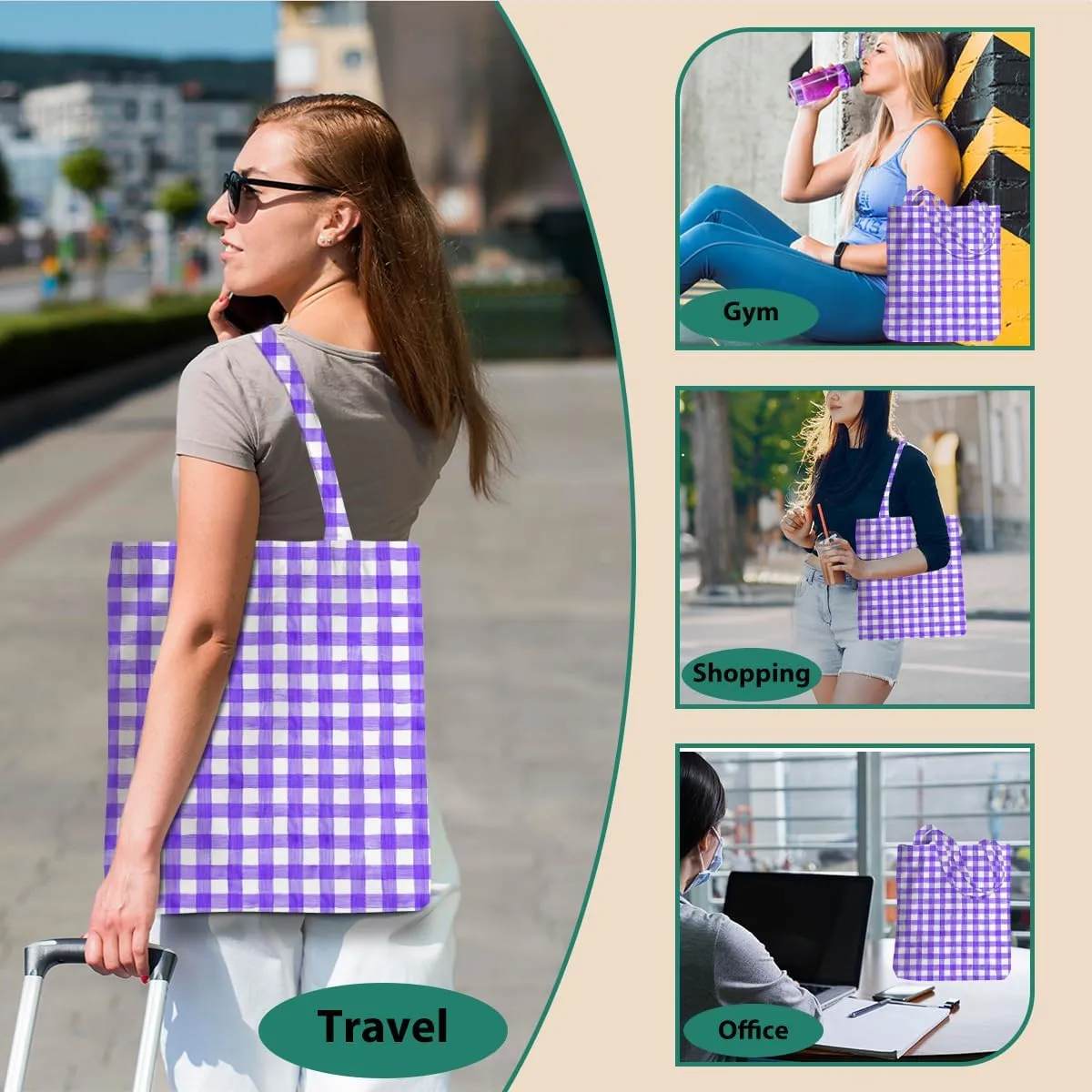 Checkered Tote Bag, Preppy Gingham Weekend Bag, Aesthetic Checked Reusable Grocery Bags for Shopping Gym Vacation