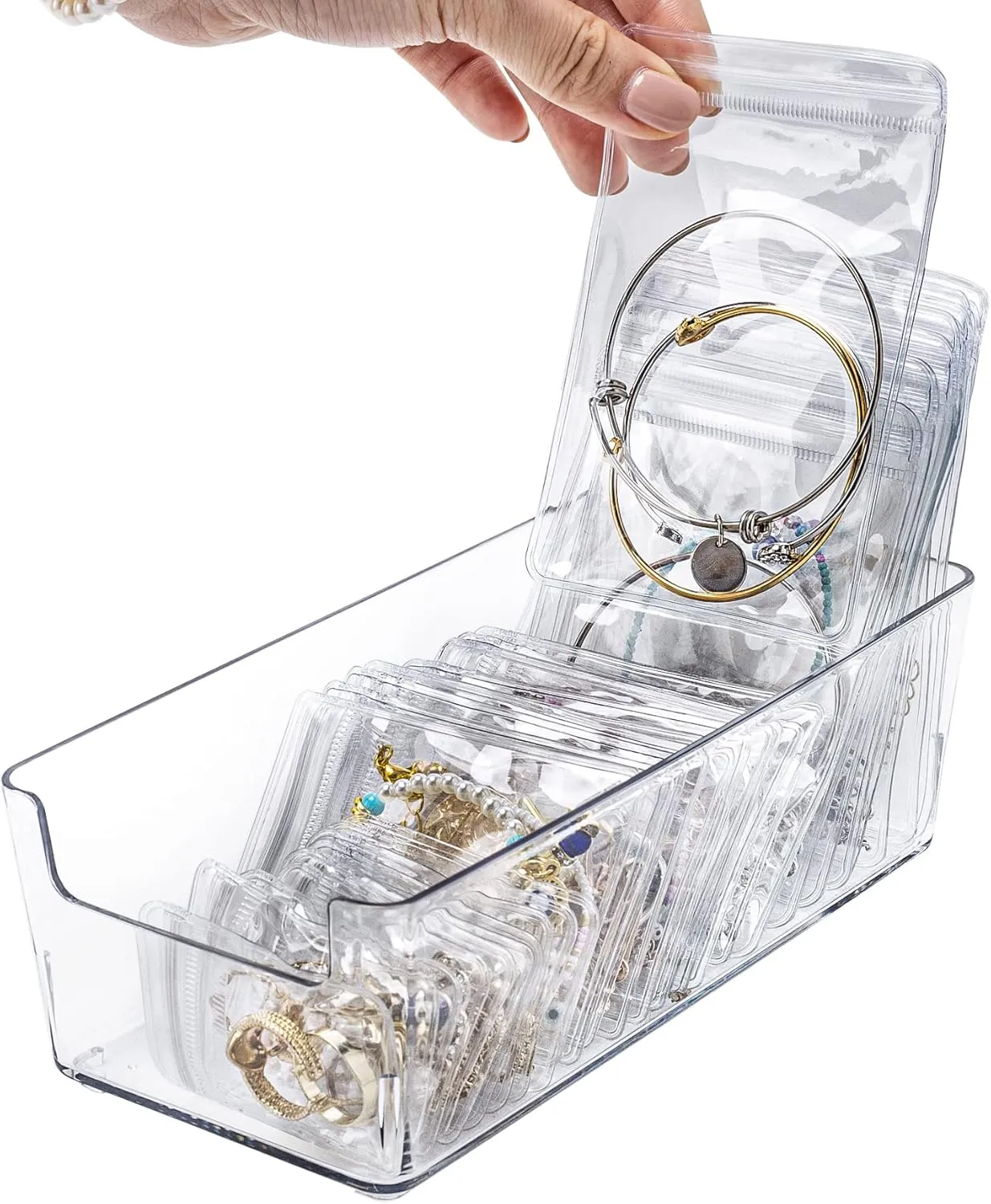 Clear Acrylic Jewelry Organizer for Women Teen Girls, Earring Jewelry Display Organizer with 30Pcs PVC Transparent Anti-oxidation Jewelry Storage Zipper Bag for Necklace Earrings Rings Bracelets