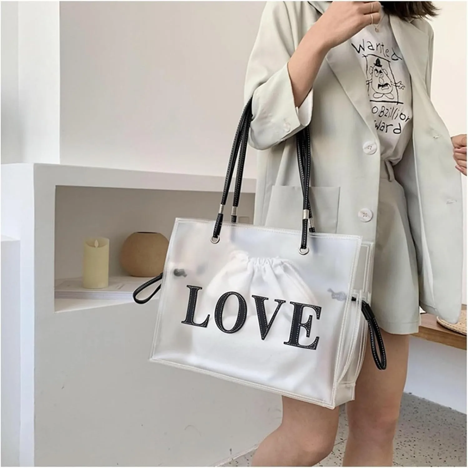 Clear Tote Bags Large Shoulder Bags PVC Beach Totes with Interior Bag Transparent Handbags for Women