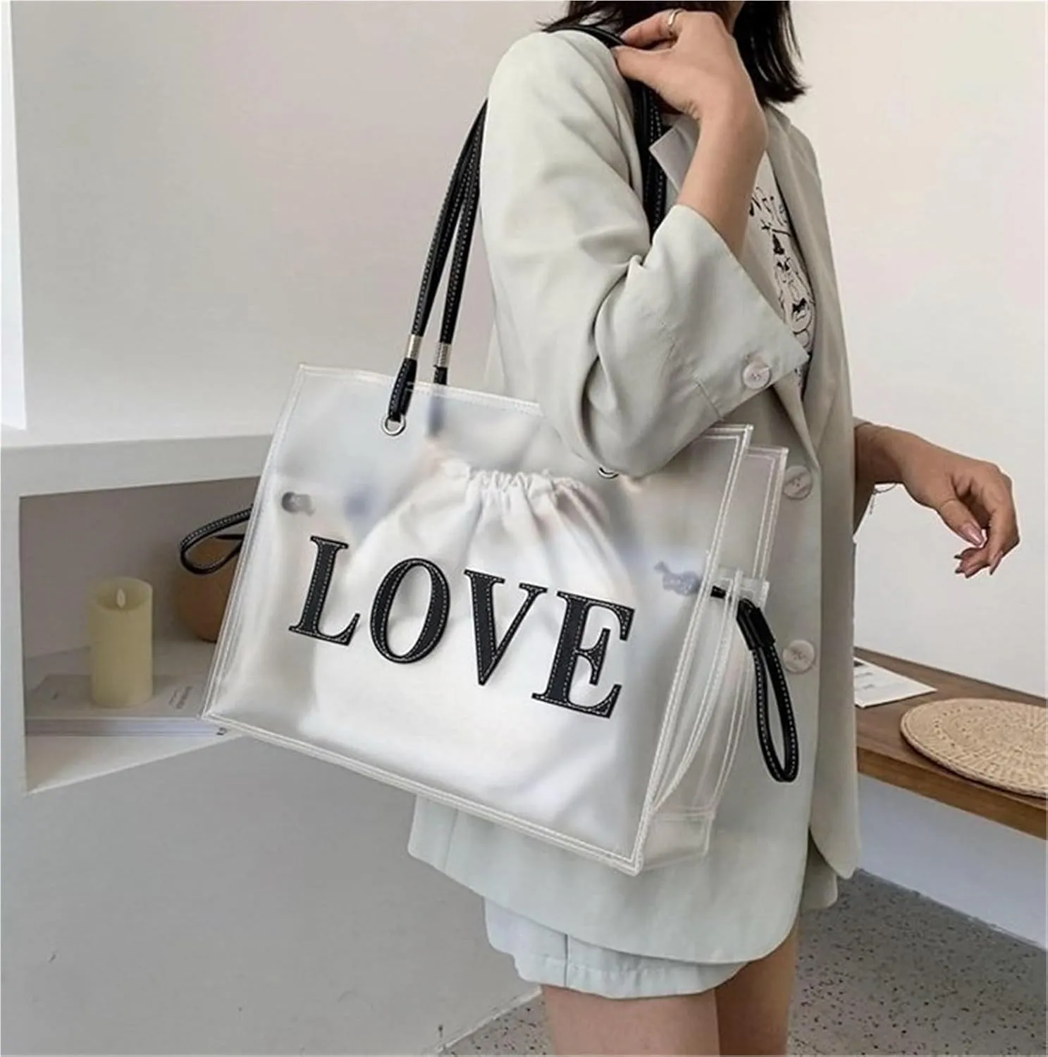 Clear Tote Bags Large Shoulder Bags PVC Beach Totes with Interior Bag Transparent Handbags for Women