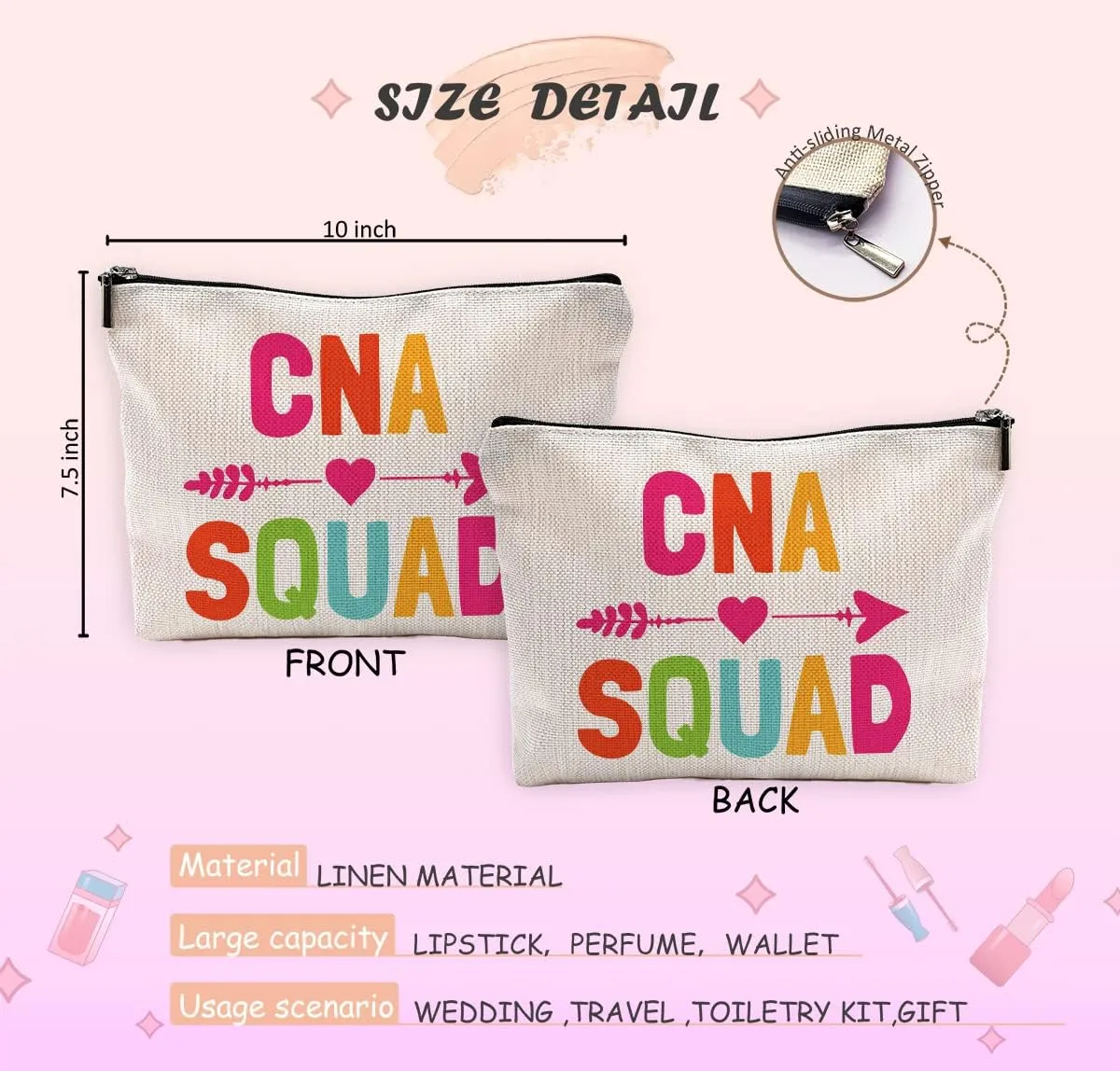 CNA Squad Certified Nursing Makeup Bag Travel Cosmetic Bags for Women Girls,Nurse Nursing Assistant Cosmetic Bags with Zipper Pouch Travel Toiletry Case,CNA Medical Student Gift,CNA Week Gift