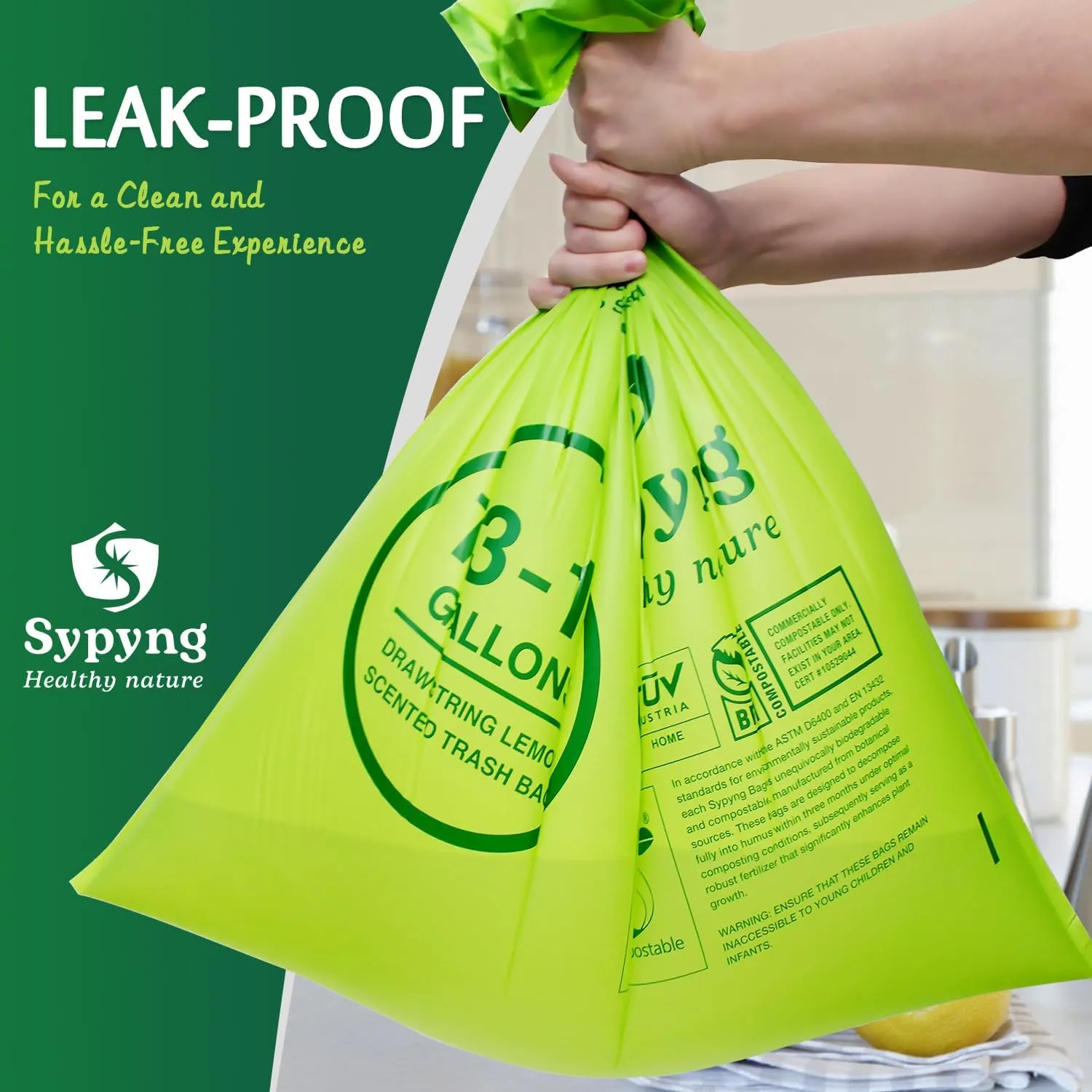 Compostable Trash Bags - Compost Bags with Drawstring - 100% Biodegradable & Recyclable, Heavy Duty Garbage Bags 50 Counts, ASTM D6400, US BPI (Green, 13 Gallon)