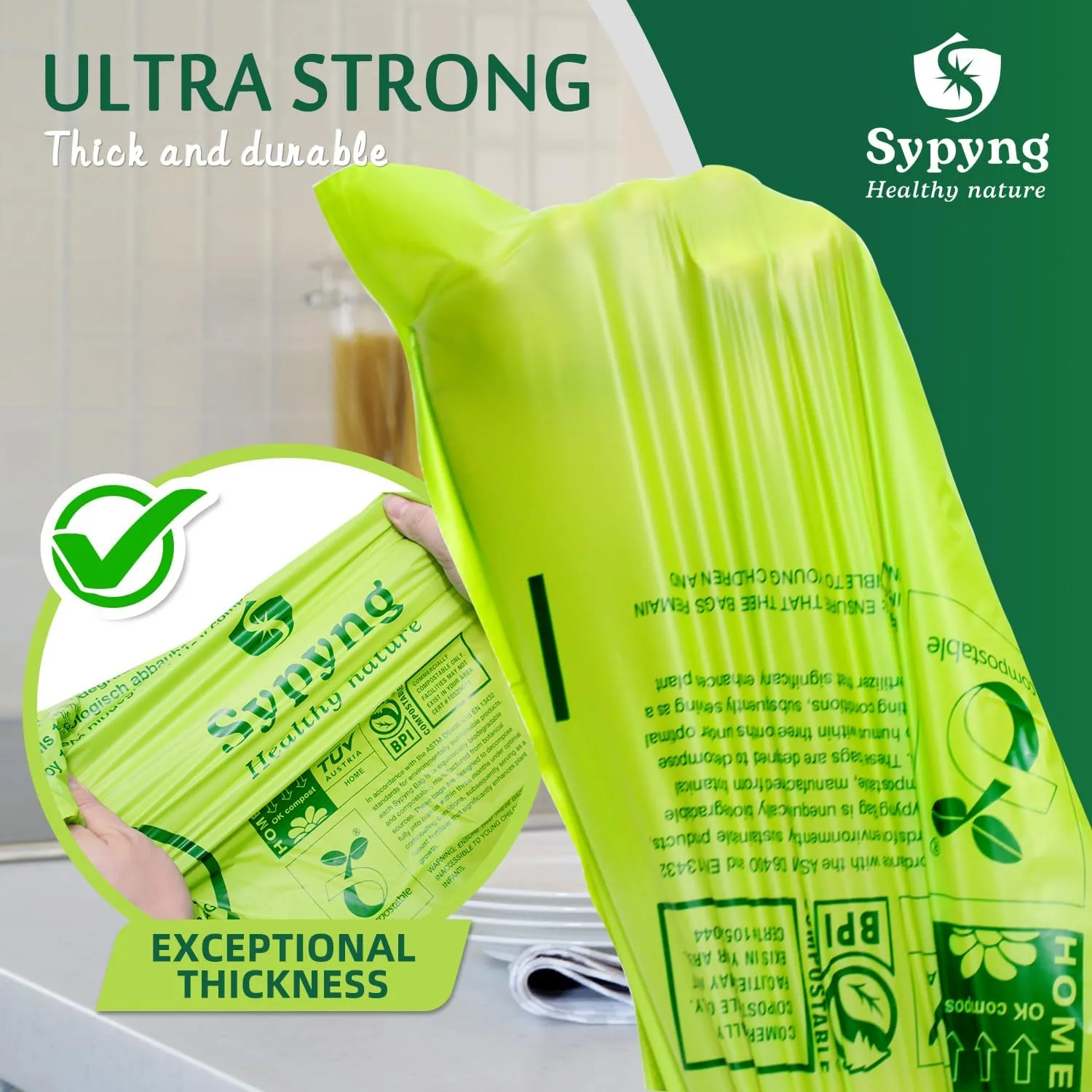 Compostable Trash Bags - Compost Bags with Drawstring - 100% Biodegradable & Recyclable, Heavy Duty Garbage Bags 50 Counts, ASTM D6400, US BPI (Green, 13 Gallon)