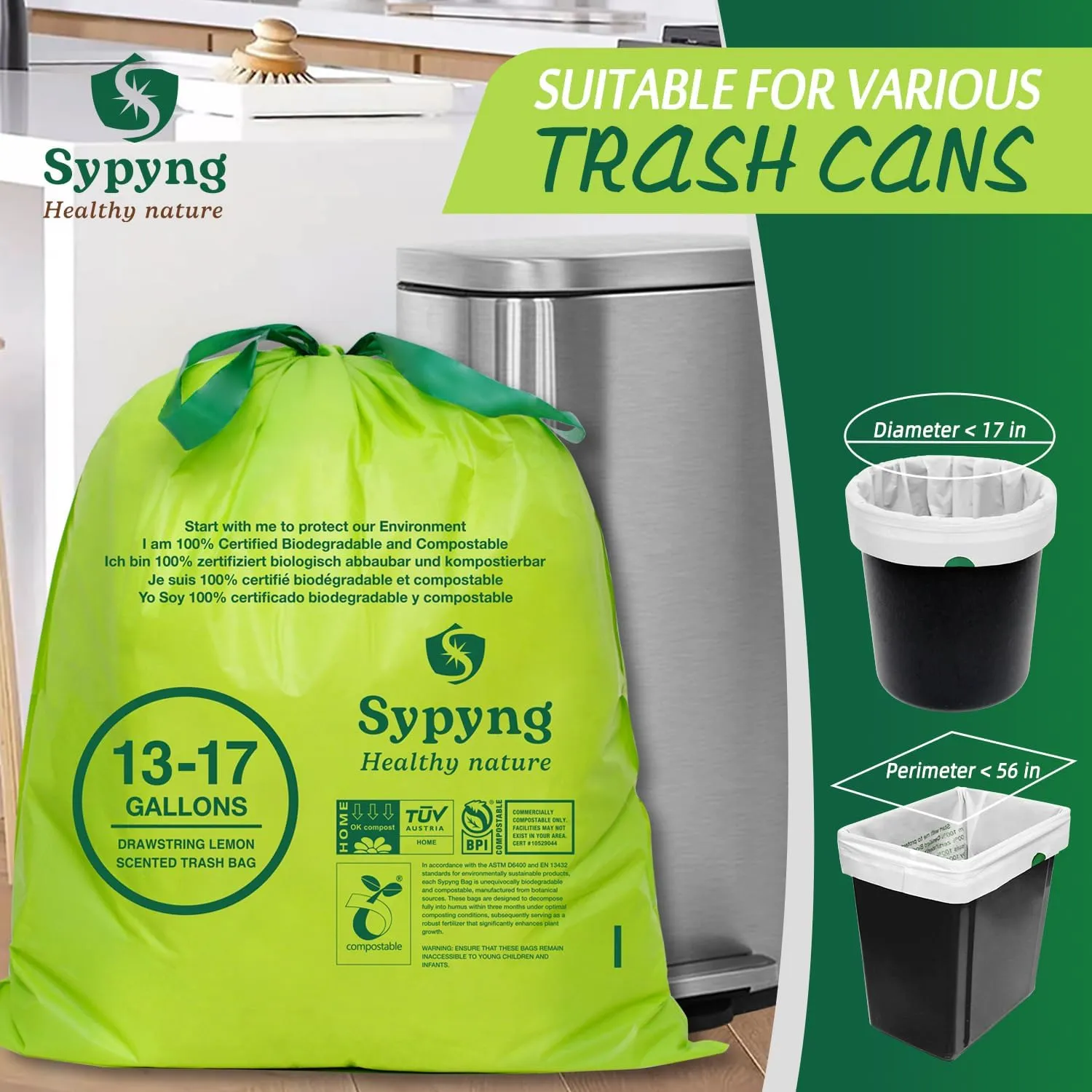 Compostable Trash Bags - Compost Bags with Drawstring - 100% Biodegradable & Recyclable, Heavy Duty Garbage Bags 50 Counts, ASTM D6400, US BPI (Green, 13 Gallon)