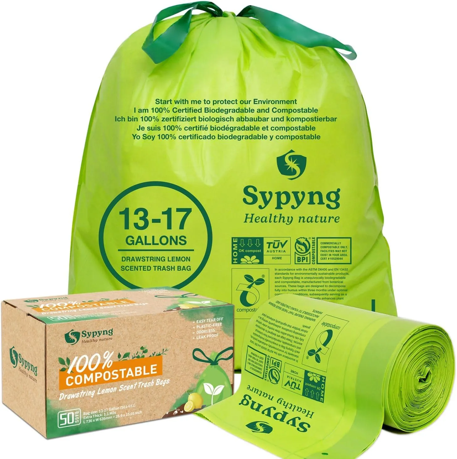 Compostable Trash Bags - Compost Bags with Drawstring - 100% Biodegradable & Recyclable, Heavy Duty Garbage Bags 50 Counts, ASTM D6400, US BPI (Green, 13 Gallon)