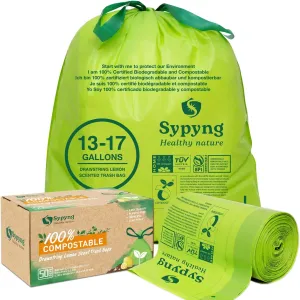 Compostable Trash Bags - Compost Bags with Drawstring - 100% Biodegradable & Recyclable, Heavy Duty Garbage Bags 50 Counts, ASTM D6400, US BPI (Green, 13 Gallon)