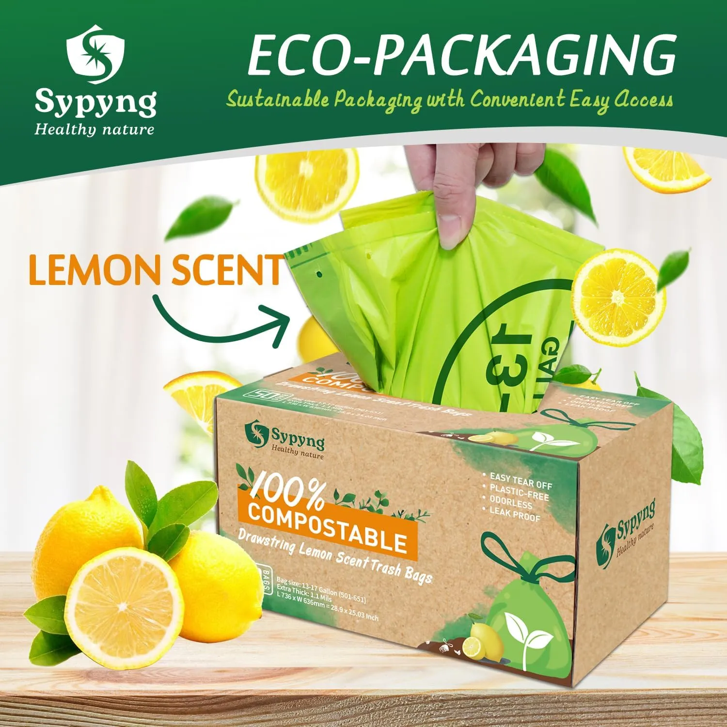 Compostable Trash Bags - Compost Bags with Drawstring - 100% Biodegradable & Recyclable, Heavy Duty Garbage Bags 50 Counts, ASTM D6400, US BPI (Green, 13 Gallon)