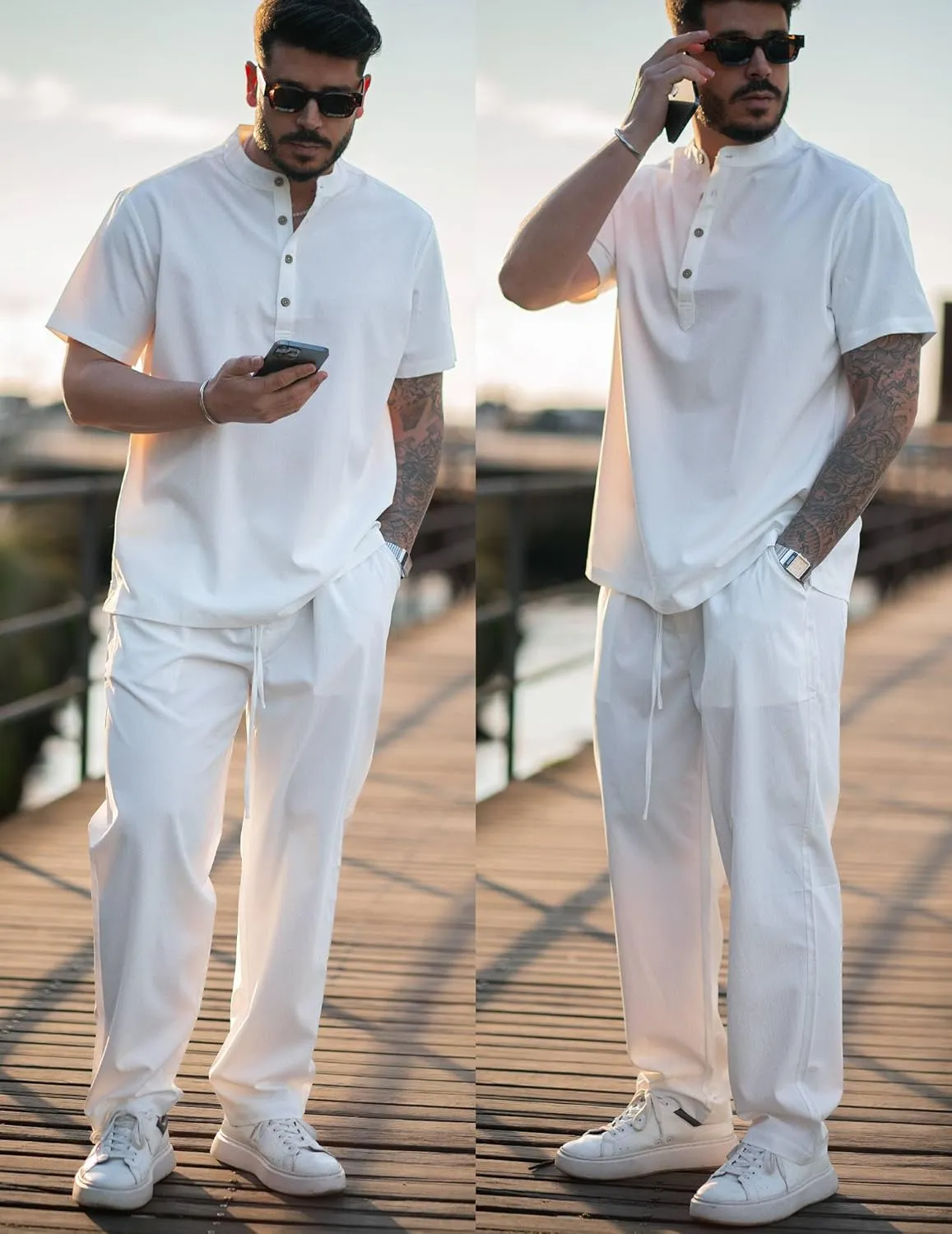 COOFANDY Men's 2 Pieces Set Short Sleeve Casual Henley Shirts Beach Yoga Pants Summer Beach Outfit