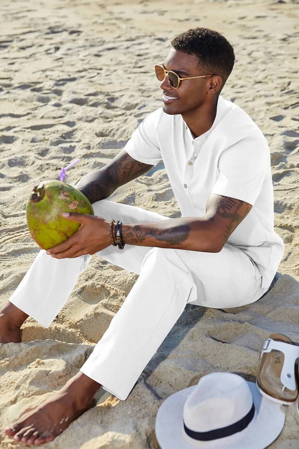 COOFANDY Men's 2 Pieces Set Short Sleeve Casual Henley Shirts Beach Yoga Pants Summer Beach Outfit