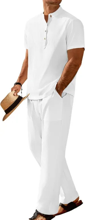 COOFANDY Men's 2 Pieces Set Short Sleeve Casual Henley Shirts Beach Yoga Pants Summer Beach Outfit