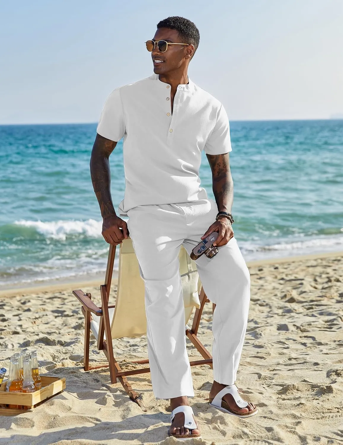 COOFANDY Men's 2 Pieces Set Short Sleeve Casual Henley Shirts Beach Yoga Pants Summer Beach Outfit