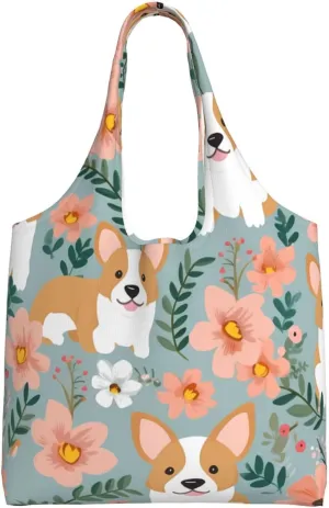 Corgi Floral Flowers Spring Garden print Canvas Tote Bags For Women Large Capacity Reusable Grocery Bags Shoulder Bag For Work Outdoor Travel