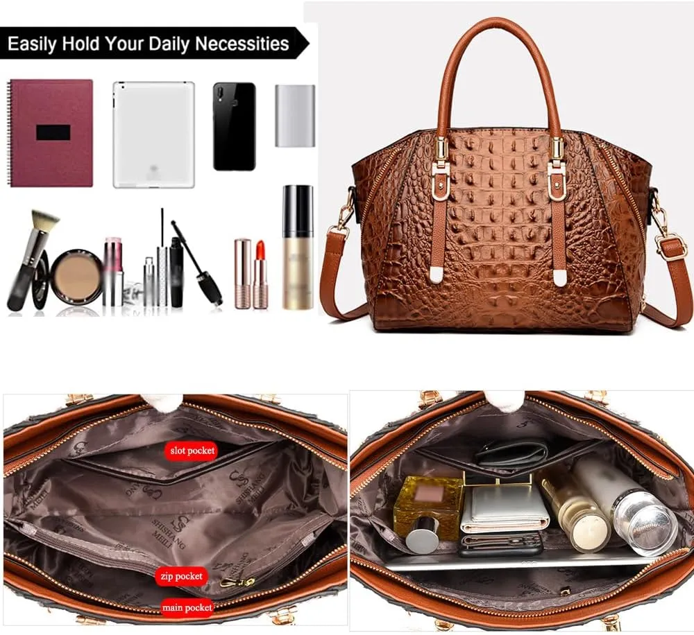 Crocodile Pattern Handbags for Women PU Leather Satchel Shoulder Bag Ladies Zipper Totes Purse Top Handle Bags