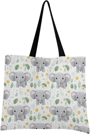 Cute Elephant Flower Tote Bag for Women Canvas Shoulder Handbags Reusable Grocery Bags Large Purse with Inner Pocket 214a7472