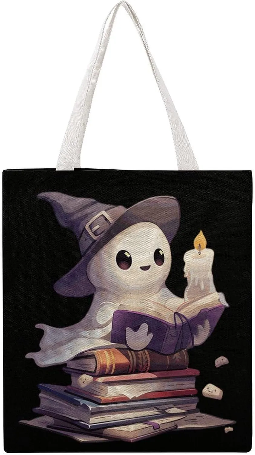 Cute Ghost Reading Library Books Halloween Teacher Canvas Tote Bag Casual Handbags Grocery Shopping Purses Work Bag for Women