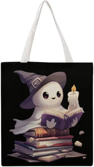 Cute Ghost Reading Library Books Halloween Teacher Canvas Tote Bag Casual Handbags Grocery Shopping Purses Work Bag for Women