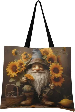 Cute Gnome Sunflower Vintage Tote Bag for Women Girl Canvas Shoulder Handbags Reusable Grocery Bags Large Purse with Inner Pocket 214a5711