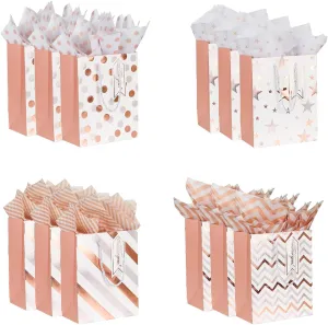 Dimetey 12pcs 9" Gift Bags, Medium Size Paper Bags with Tissue Paper, White Gold Wrap Paper Gift Bags with Handles for Shopping Party Wedding Baby Shower Holiday Presents (Rose Gold)