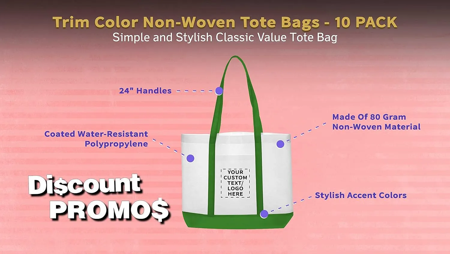 DISCOUNT PROMOS 10 Trim Color Non-Woven Tote Bags Set - Customizable Text, Logo - Durable, Water Resistant, Vibrant - Green - 18"X14"X3.5", Two tone, Front Pocket