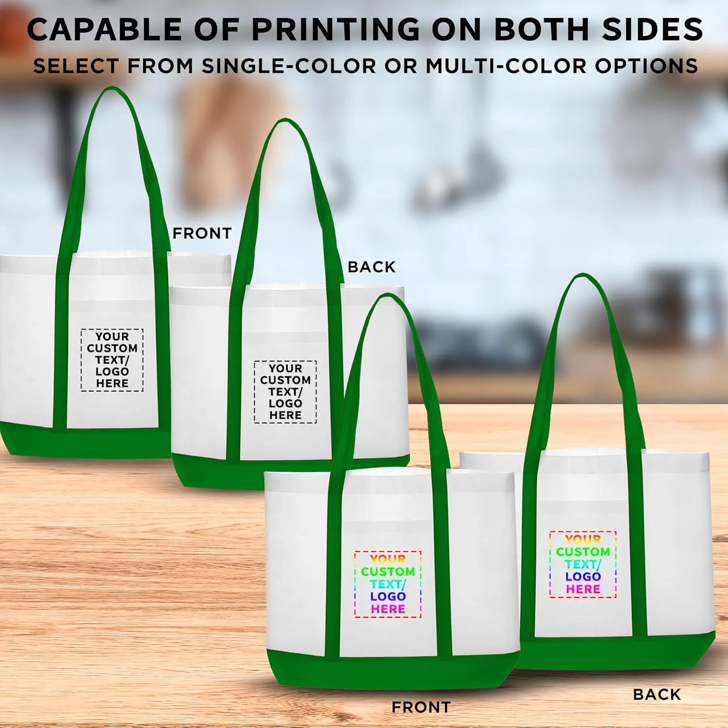 DISCOUNT PROMOS 10 Trim Color Non-Woven Tote Bags Set - Customizable Text, Logo - Durable, Water Resistant, Vibrant - Green - 18"X14"X3.5", Two tone, Front Pocket