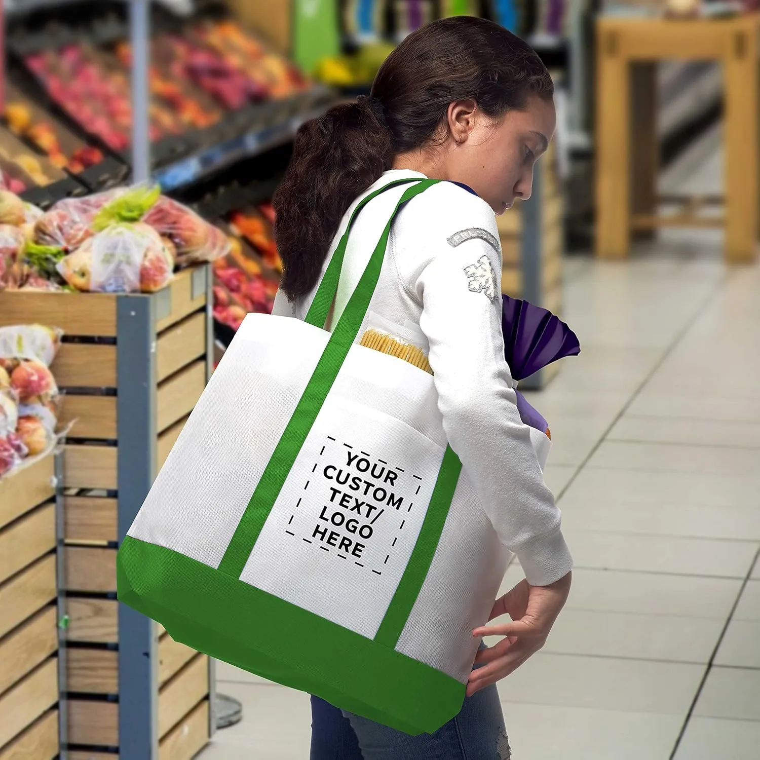 DISCOUNT PROMOS 10 Trim Color Non-Woven Tote Bags Set - Customizable Text, Logo - Durable, Water Resistant, Vibrant - Green - 18"X14"X3.5", Two tone, Front Pocket