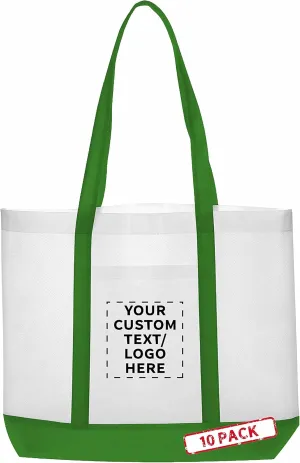 DISCOUNT PROMOS 10 Trim Color Non-Woven Tote Bags Set - Customizable Text, Logo - Durable, Water Resistant, Vibrant - Green - 18"X14"X3.5", Two tone, Front Pocket