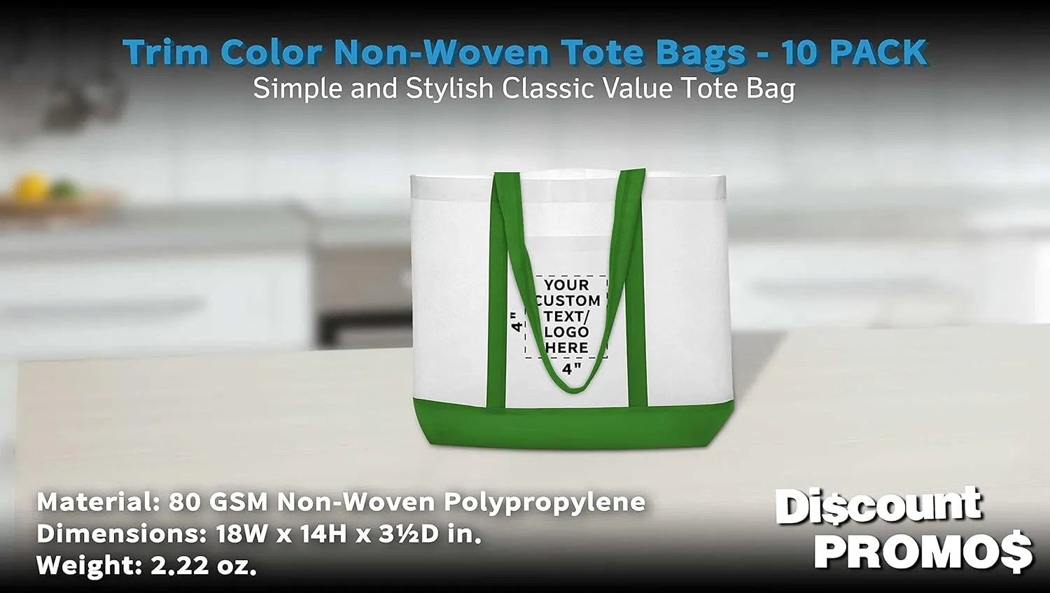 DISCOUNT PROMOS 10 Trim Color Non-Woven Tote Bags Set - Customizable Text, Logo - Durable, Water Resistant, Vibrant - Green - 18"X14"X3.5", Two tone, Front Pocket
