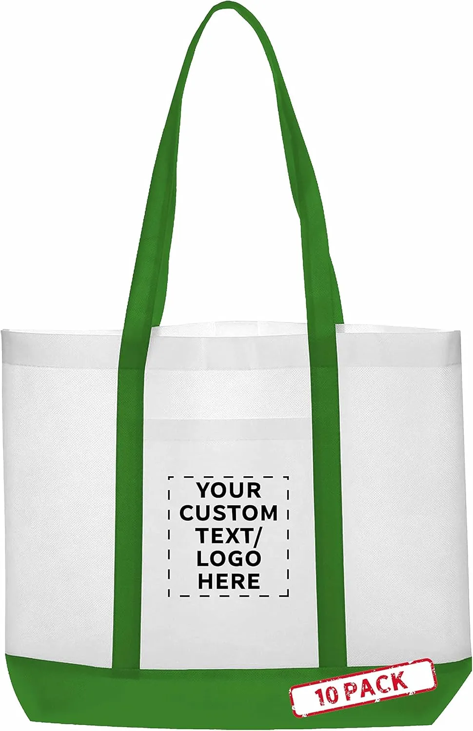 DISCOUNT PROMOS 10 Trim Color Non-Woven Tote Bags Set - Customizable Text, Logo - Durable, Water Resistant, Vibrant - Green - 18"X14"X3.5", Two tone, Front Pocket