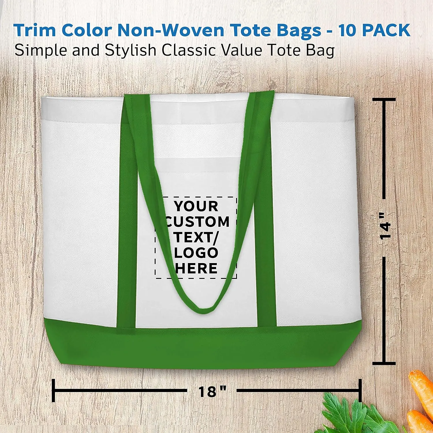 DISCOUNT PROMOS 10 Trim Color Non-Woven Tote Bags Set - Customizable Text, Logo - Durable, Water Resistant, Vibrant - Green - 18"X14"X3.5", Two tone, Front Pocket