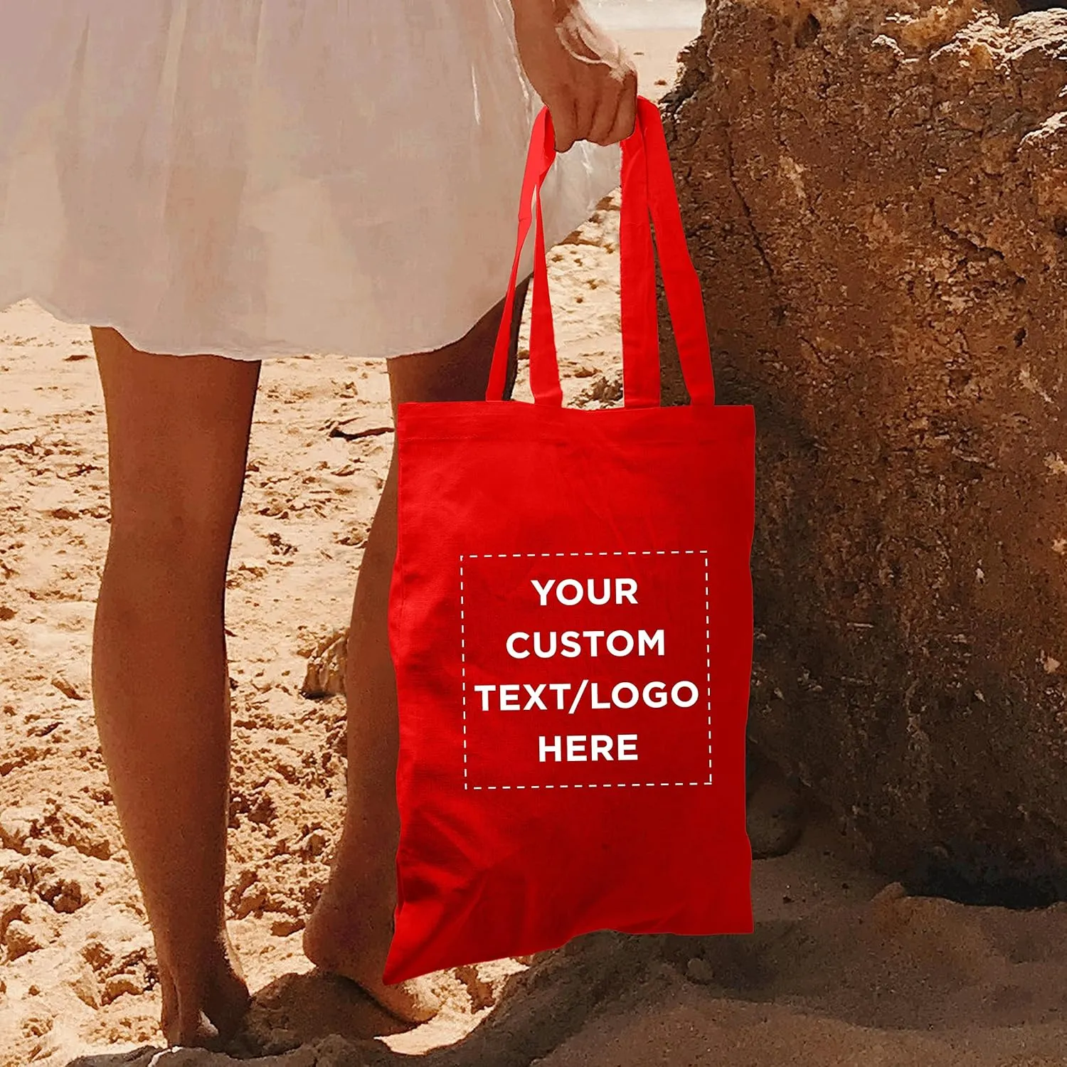 DISCOUNT PROMOS Custom Cotton Canvas Tote Bags Set of 10, Personalized Bulk Pack - Reusable, Great for Shopping, Grocery, Beach, Picnic, Wedding Favors - Red