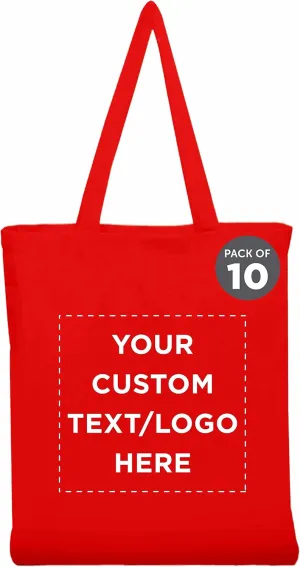 DISCOUNT PROMOS Custom Cotton Canvas Tote Bags Set of 10, Personalized Bulk Pack - Reusable, Great for Shopping, Grocery, Beach, Picnic, Wedding Favors - Red